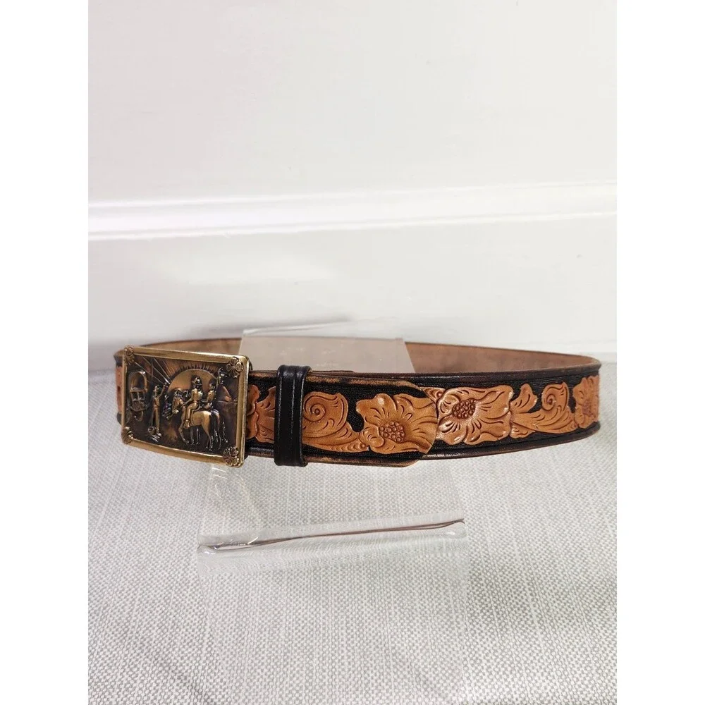 Chambers Size 32 Belt Western Tooled Leather Brown Tan Cowboy Men